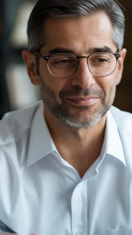 Vertical interview clip of mature professional nodding then speaking in home study while holding pen