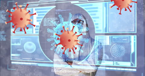 Animated Virus Cells with Scientist Displaying Digital Data