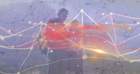 Hiking Duo Exploring Mountain with Futuristic Data Interface Overlay