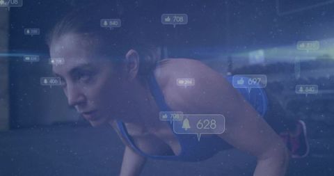 Woman doing push-ups with social media engagement elements