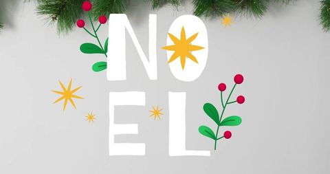 Noel typography with holly berries and golden starbursts on minimalist light gray backdrop
