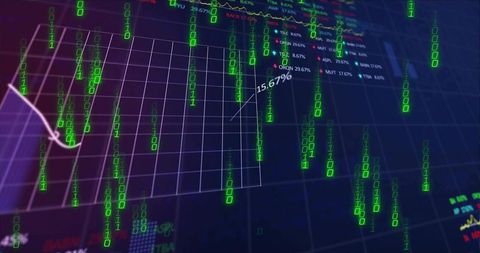 Futuristic 3d trading dashboard showing neon binary streams, grid chart and 15.67% trend