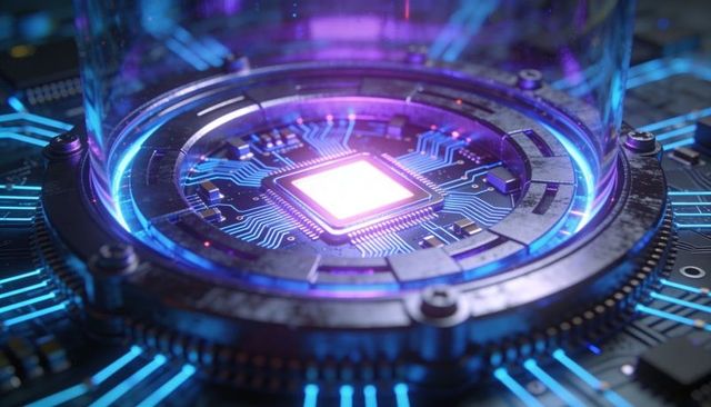 Glowing semiconductor die under glass dome emitting neon purple light on futuristic pcb