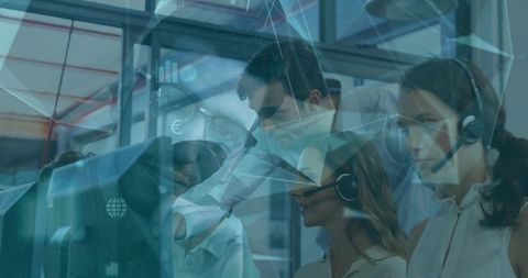 Customer Service Team with Headsets and Digital Interface Icons