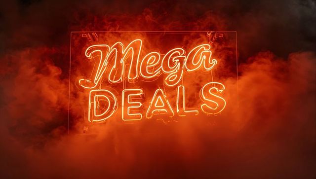 Glowing mega deals neon sign in orange fog for retail promotion and sale campaign