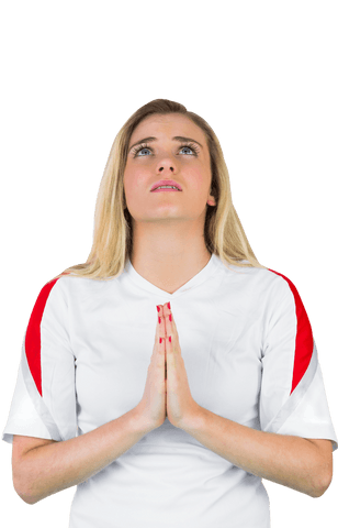 Woman in white praying hands up no background