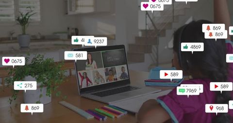 Girl attending remote class at home using laptop headset surrounded by social notifications