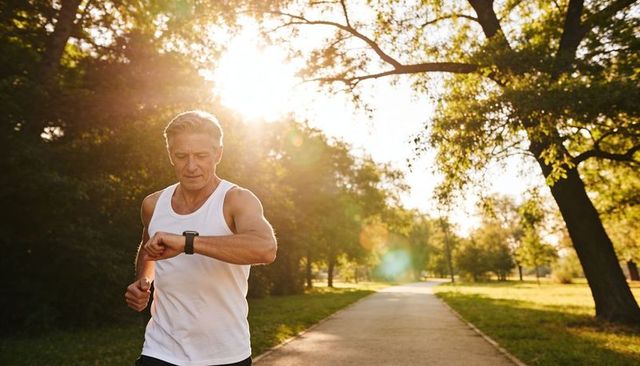 Middle-aged runner jogging checking wrist fitness tracker golden hour backlit flare