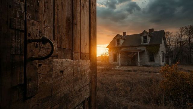 Abandoned Farmhouse at Sunset Framed by Rustic Door