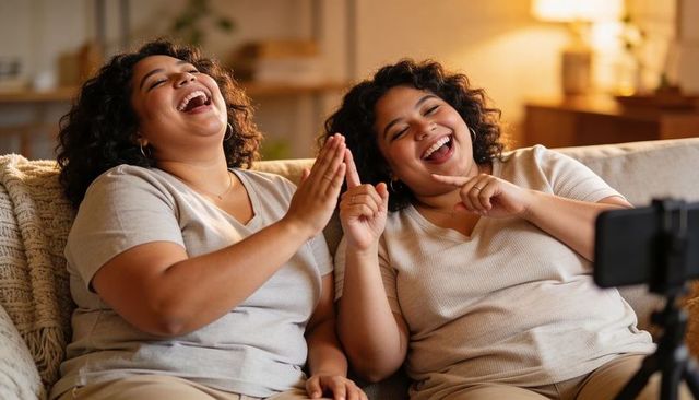 Joyful friends laughing on couch recording vlog with phone tripod in cozy living room