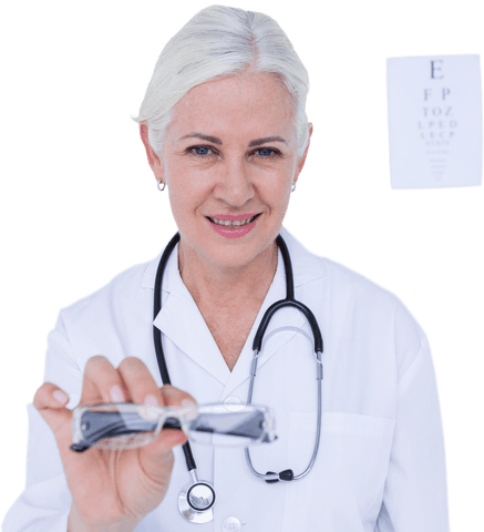 Transparent senior female optician presenting eyeglasses, chart in background