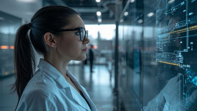 Female Scientist Analyzing Holographic Interface on Glass Panel in High-Tech Lab