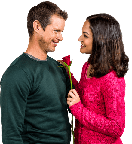 Smiling Couple with Red Rose on Transparent Background