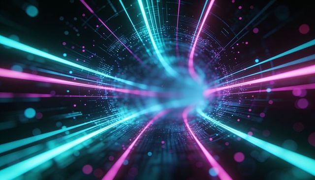 Neon data tunnel accelerating through cyber vortex with cyan magenta light trails