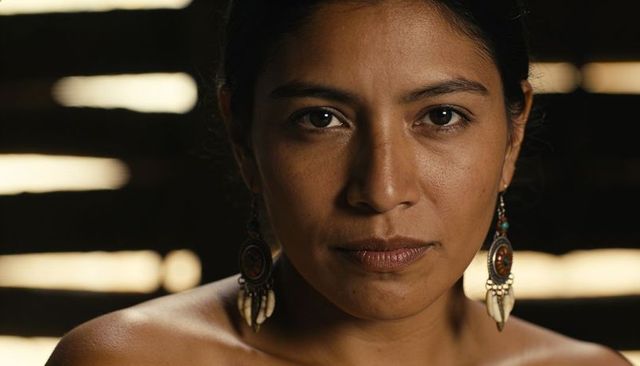 Gazing hispanic woman wearing beaded tribal drop earrings bare shoulders rustic wood light