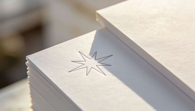 Embossed star on thick white cardstock stack with warm sunlight and soft shadow