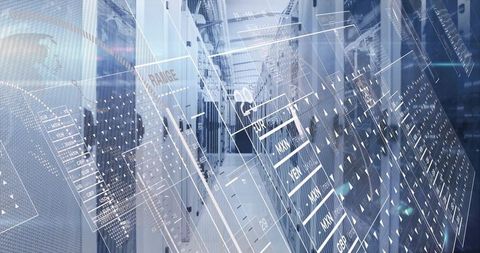 Digital interface in modern data center with server racks