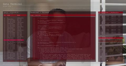 Mature chinese man analyzing red terminal overlays on laptop while sitting on modern apartment couch