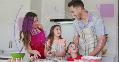 Family baking cookies together in bright kitchen, parents helping kids roll dough