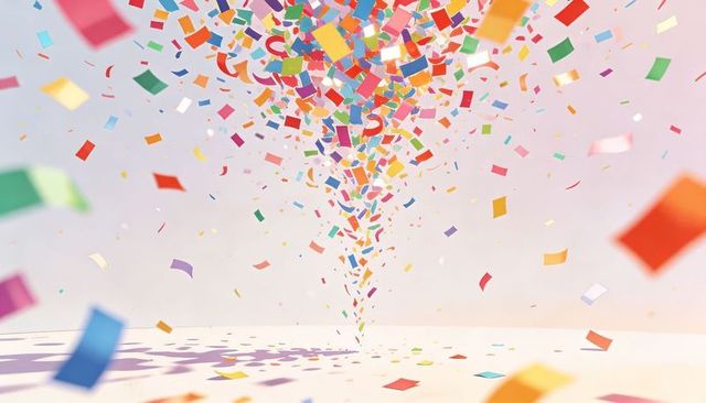 Swirling multicolor confetti tornado rising above pastel minimalist surface
