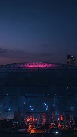 Pulsing Magenta LED Dome Reflecting Futuristic City Skyline at Dusk Vertical Video