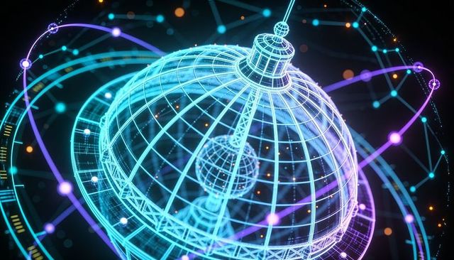 Rotating holographic dome revealing inner orb and orbiting rings in neon wireframe