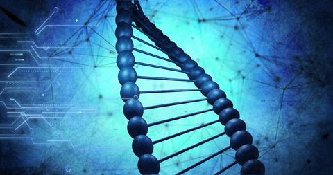 Digital representation of dna helix overlaid with technological interfaces