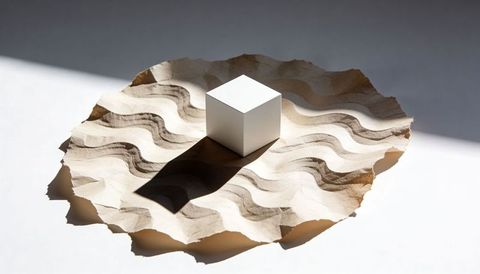 Matte white cube casting long sharp shadow on torn wavy kraft paper minimalist still life