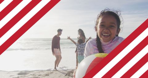 Happy family enjoying beach vacation, usa theme elements