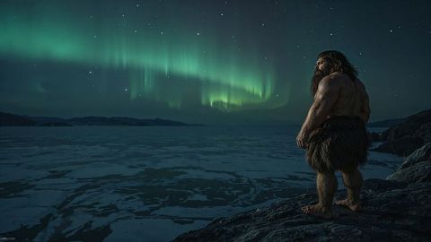 Ancient caveman overlooking frozen landscape and aurora borealis at night