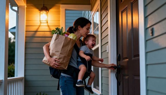 Mother carrying crying toddler and grocery bag while unlocking front door on porch at dusk