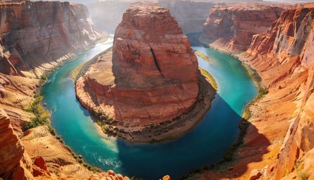 Turquoise river encircling massive red sandstone butte on dramatic canyon rim panorama