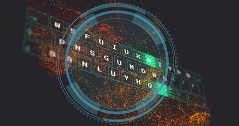 Floating holographic keyboard tilting under hud reticle, glowing green keys and orange sparks