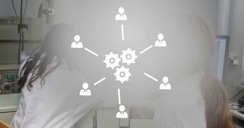 Lab Technicians Collaborating with Digital Network in Research Facility