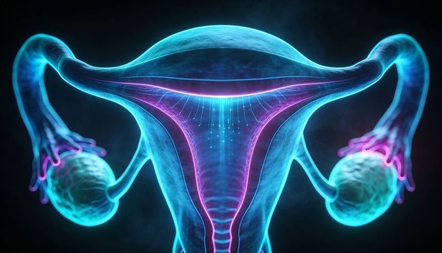Neon glowing female reproductive anatomy 3d illustration depicting uterus and fallopian tubes