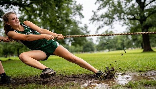 Determined female athlete pulling rope in muddy tug of war competition, outdoor team sport