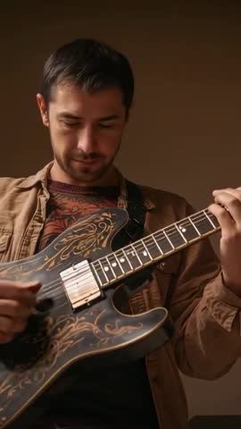 Vertical video man practicing ornate hollowbody electric guitar with close-up fretboard focus