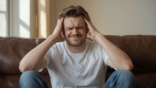 Frustrated Young Man Sitting on Leather Couch Holding Head