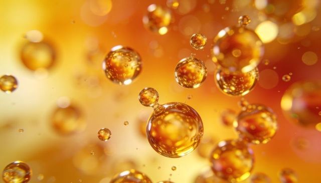 Floating amber droplets with golden bokeh macro closeup for luxury cosmetic and science