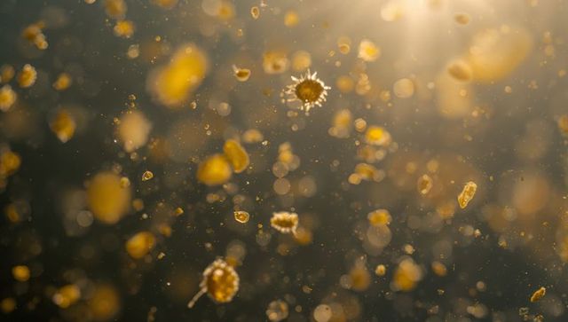 Glowing golden spiky particles drifting in sunlit macro with bokeh and rimlight