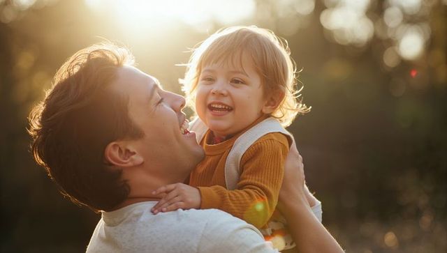 Smiling father lifting laughing toddler during golden hour backlit warm family moment