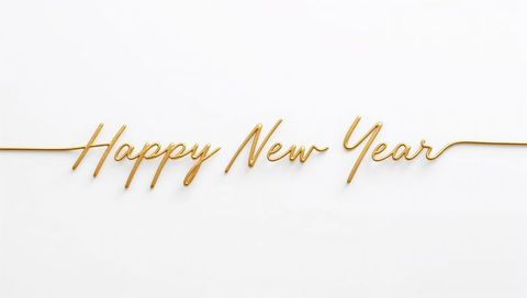 Minimal Gold Wire Script Happy New Year on Clean White Background with Soft Shadows