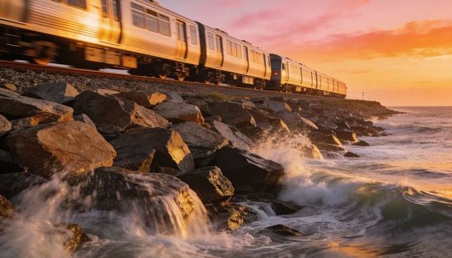 Coastal train passing at golden hour with motion blur and waves crashing on rocks