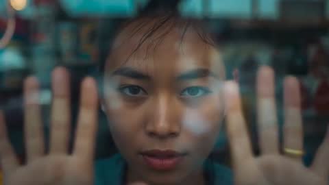 Intimate storefront portrait pressing palms to glass with moody reflections and gold ring