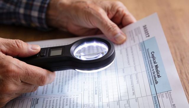 Senior Hands Inspecting Medical Form with LED Magnifier, Closeup Vision Aid for Seniors