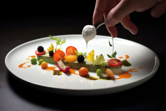 Featuring an elegant fine dining dish, this gourmet food presentation includes fresh and colorful ingredients being artfully arranged on a white plate. A hand pours a delicate stream of white sauce over the dish, enhancing its appeal. Use for promoting culinary arts, high-end restaurants, chef profiles, and sophisticated dining experiences.