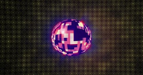 Glowing pixel orb emitting magenta light with neon halo and circular backdrop