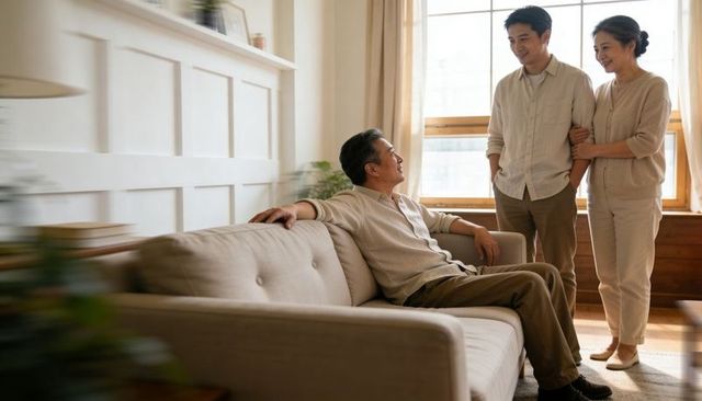 Smiling family bonding in sunlit living room, parents linking arms with adult son