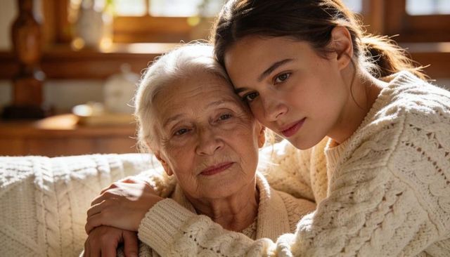 Young granddaughter embracing senior woman on knitted sofa conveying warmth and bond