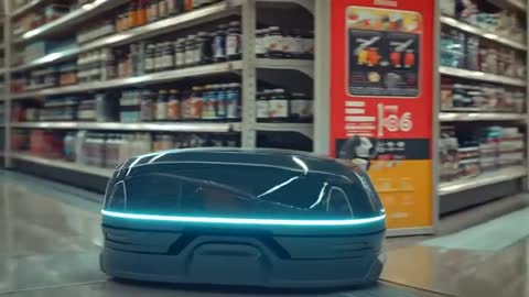 Autonomous retail robot gliding down grocery aisle following floor guide strip, LED ring